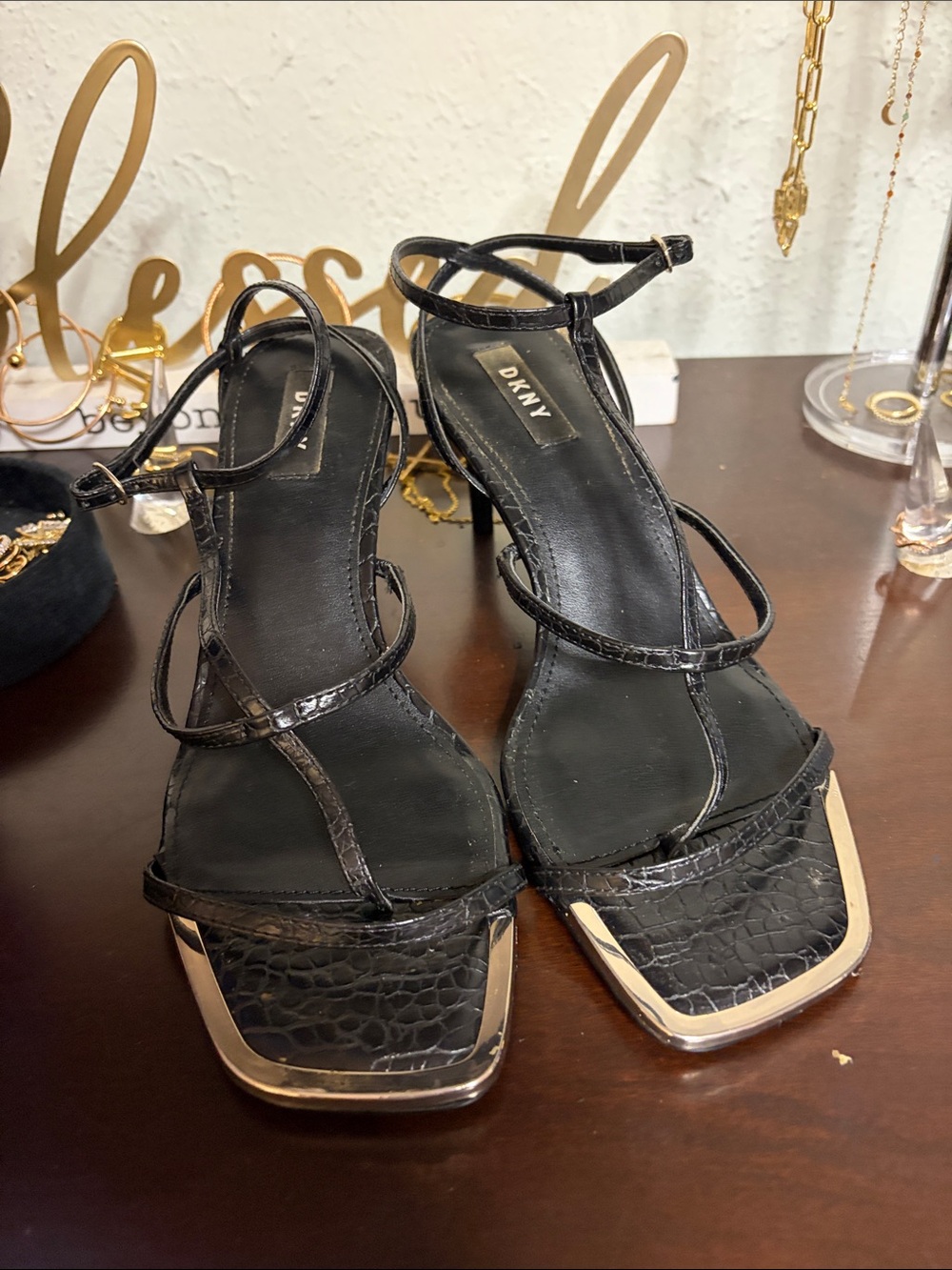 DKNY Black Croc-Embossed Strappy Heeled Sandals with Gold Trim